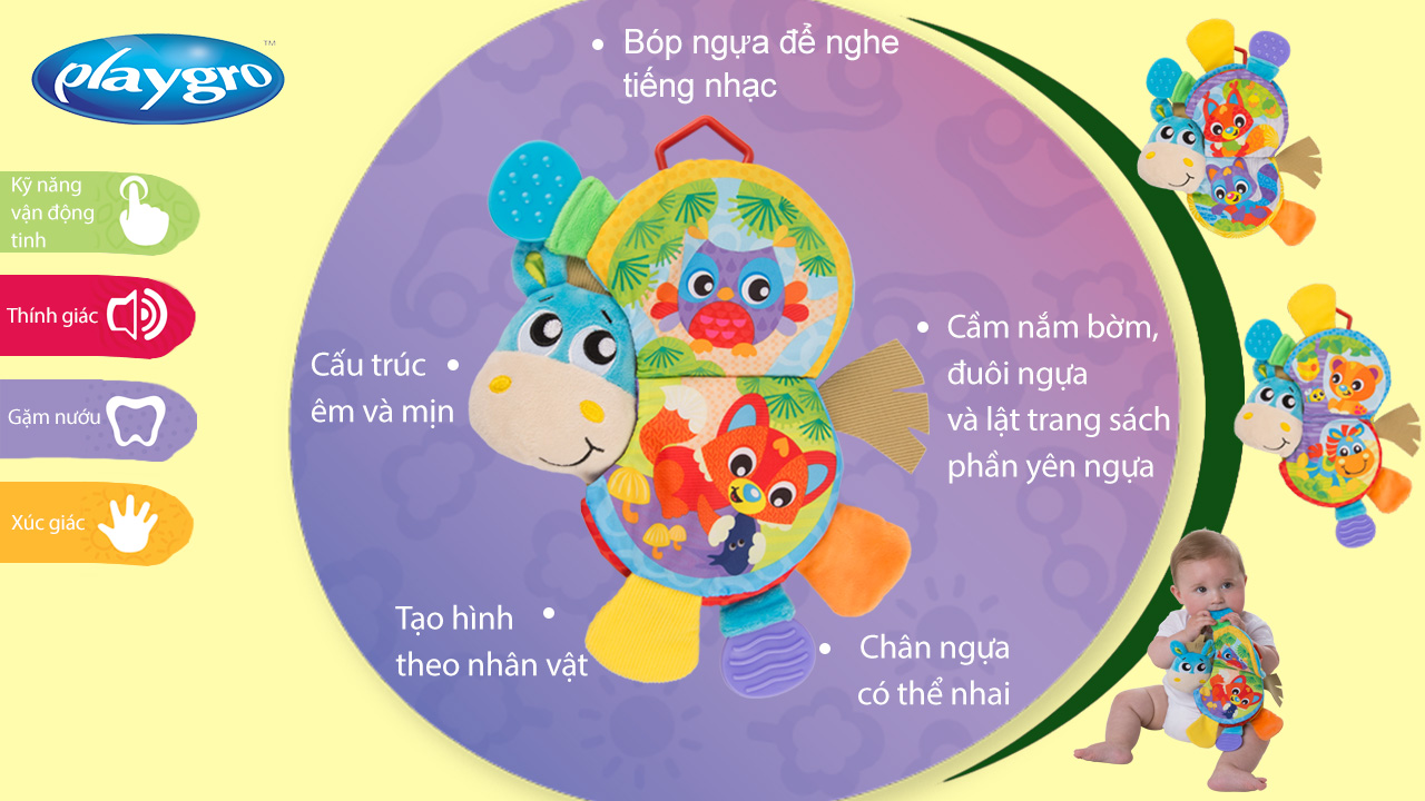 Đồ chơi sách vải kể chuyện có nhạc kèm gặm nướu Playgro Musical Clip Clop Teether Book, cho bé 3-24 tháng