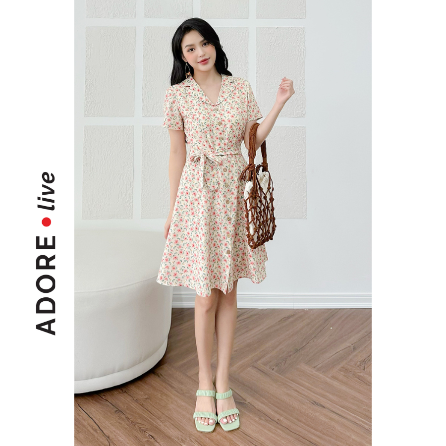 Đầm Mini dresses cổ tim lụa hoa nhỡ nude khuy dừa 321DR1072 ADORE DRESS