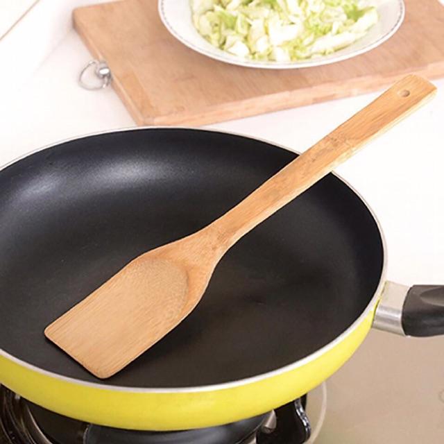 Thìa Vá Gỗ Chiên Xào Bản Dẹp|30cm Màu Gỗ Sáng Sang Trọng