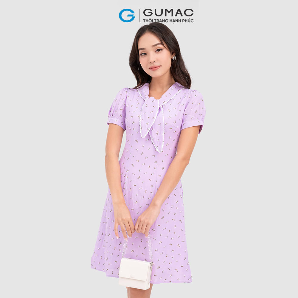 Đầm nơ cổ GUMAC DC10068 phối ren dịu dàng