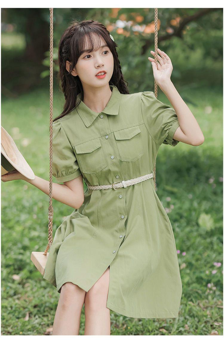 CHENGRUI Tặng thắt lưng, váy ngắn tay, váy ngắn tay, váy mùa hè, váy thắt lưng.