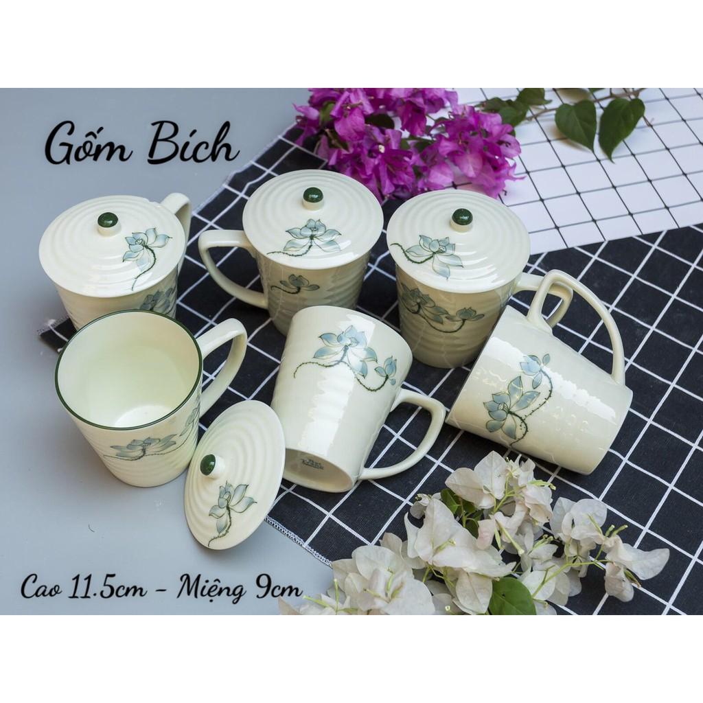 Cốc Sứ Uống Nước Kèm Nắp Đậy Men Kem Vẽ Hoa - Gốm Sứ Bát Tràng