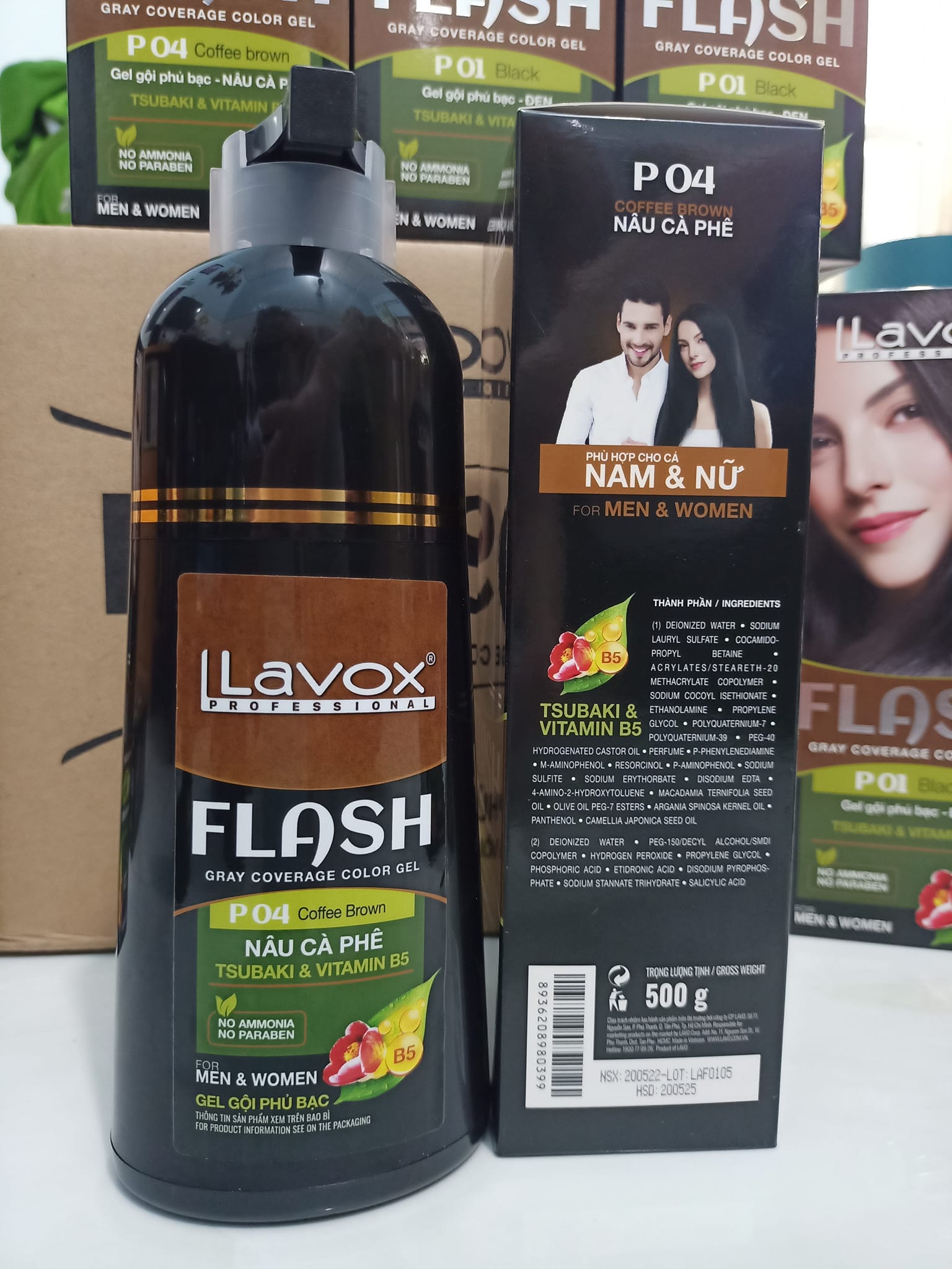 (Nâu Cà Phê) Dầu Gội Nhuộm Tóc Phủ Bạc Thảo Dược Siêu Dưỡng LAVOX FLASH 500ml - P04 - Màu Nâu Cà Phê