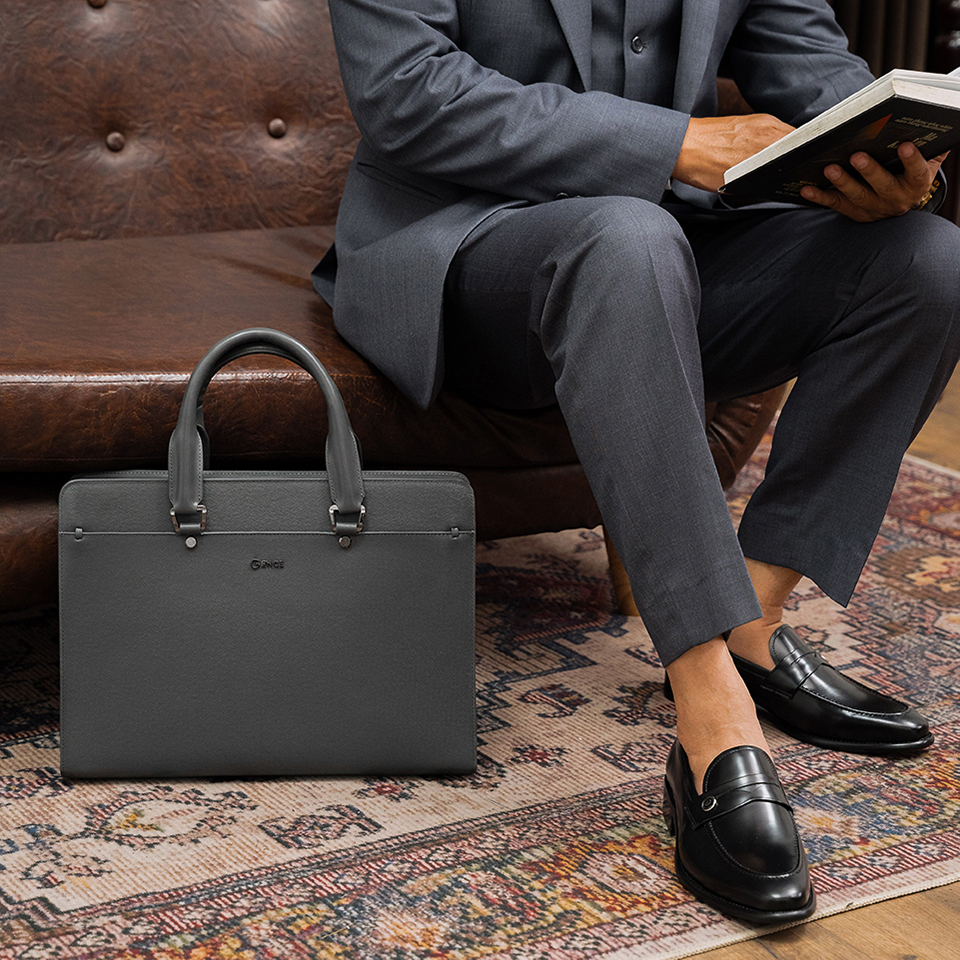 Túi Xách Cặp Da Nam Doanh Nhân GENCE CGL10 Da Bò Khóa Số Cao Cấp Màu Ghi Xám