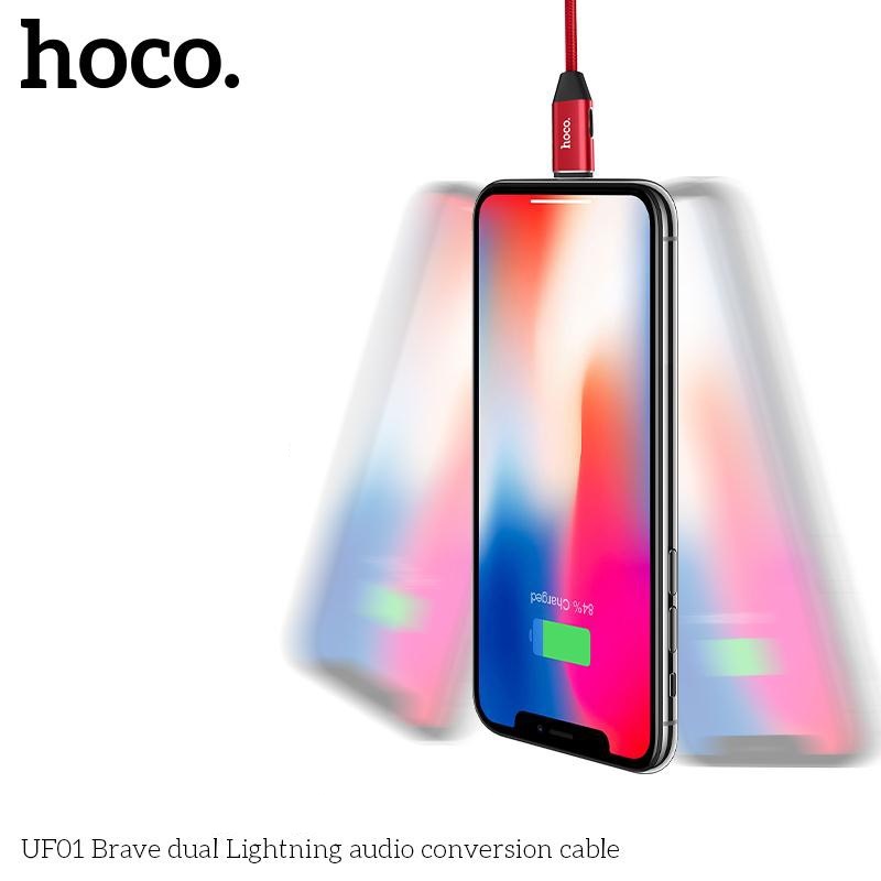 Cáp Sạc Nhanh Dây Dù Hoco UF01 2 in 1 Cho Iphone Kiêm Jack Cắm Tay Nghe Lighning - Vừa Nghe Nhạc Vừa Sạc Pin - Hàng Nhập Khẩu