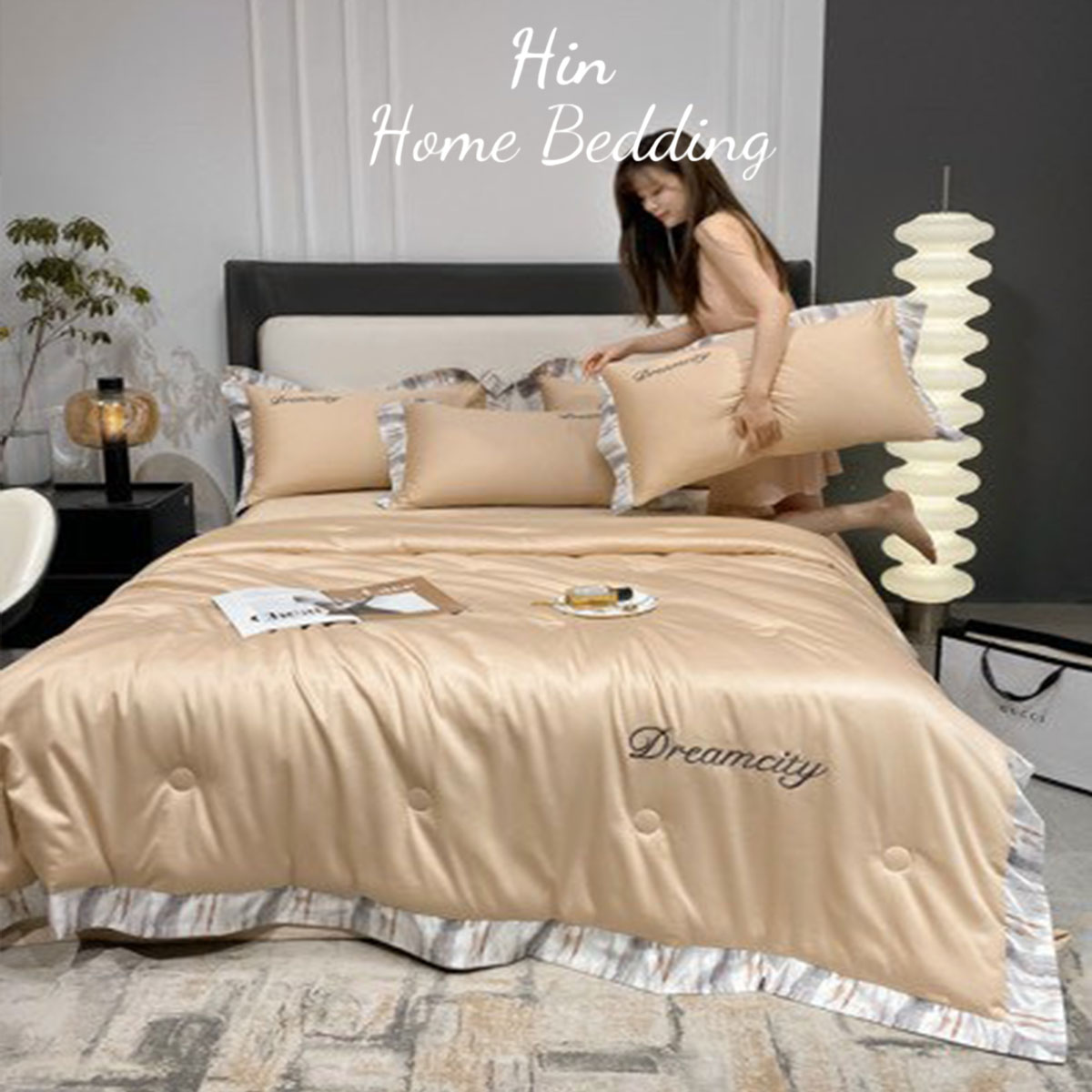 Bộ Chăn Ga Gối Đệm 5 Món Chăn Phao Lụa Thái Hin Home Bedding Mẫu Vàng