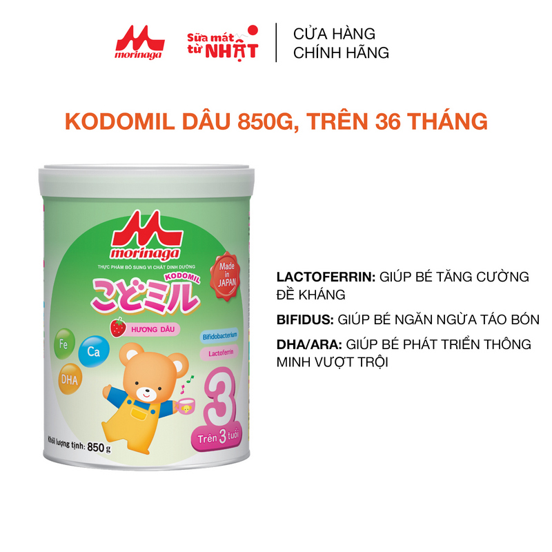 Sữa Morinaga số 3 Kodomil lon 850g hương Vani / hương dâu - cho bé từ 3 tuổi trở lên Hàng nguyên đai, nguyên tem