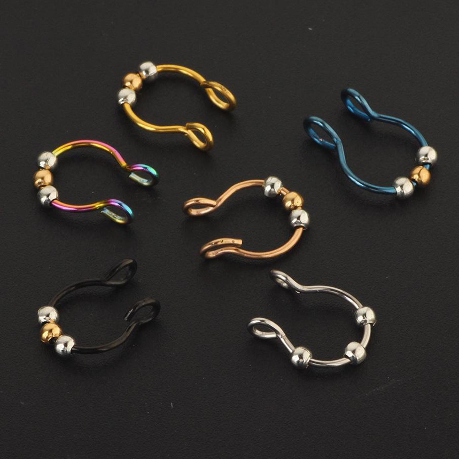 6x Mixed Color Stainless Steel Nose Ring Lip Hoop No Pierce Septum Rings 8mm