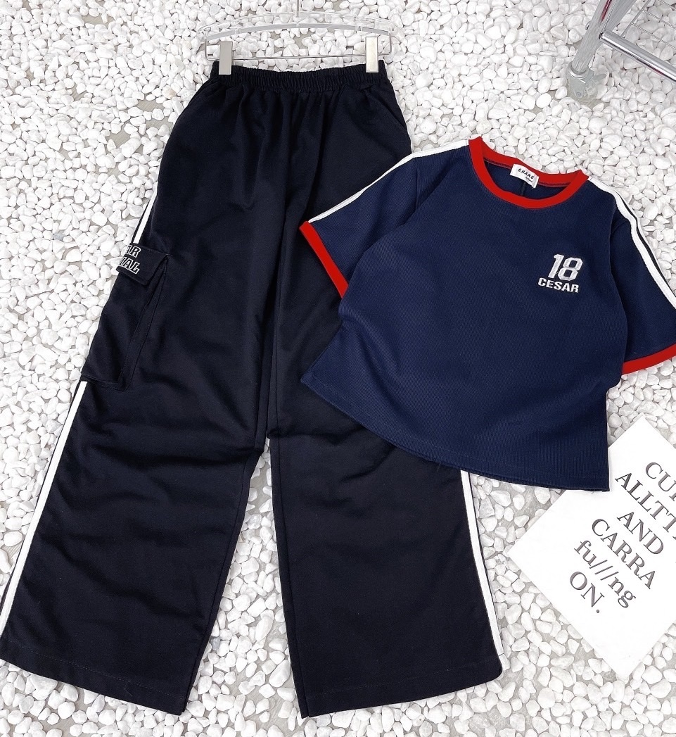 SET QUẦN THUN DÀI ỐNG RỘNG LƯNG CAO TÚI HỘP + ÁO CROPTOP TRƠN BABY TEE CƠ BẢN BASIC XANH ĐEN THỂ THAO DẠO PHỐ ĐI CHƠI ĐI BIỂN