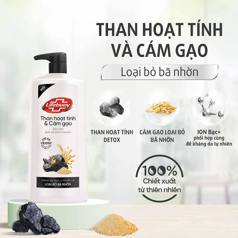 Sữa Tắm Lifebuoy Detox Sạch Sâu Bảo Vệ Khỏi Vi Khuẩn Gây Mùi Cơ Thể Than Hoạt Tính & Cám gạo Chiết Xuất Thiên Nhiên Chai 800G