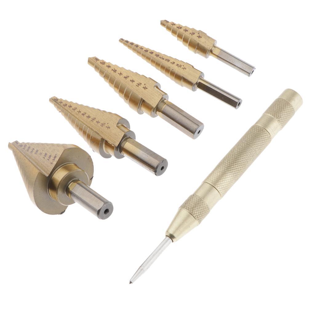 Step Drill, Titanium Coated HSS Step Drill Bit Set with 122mm Automatic Center Punch, 3/16-7/8,1/4-1-3/8,1/4-3/4,1/8-1/2,3/16-1/2 Steps, Aluminum Case
