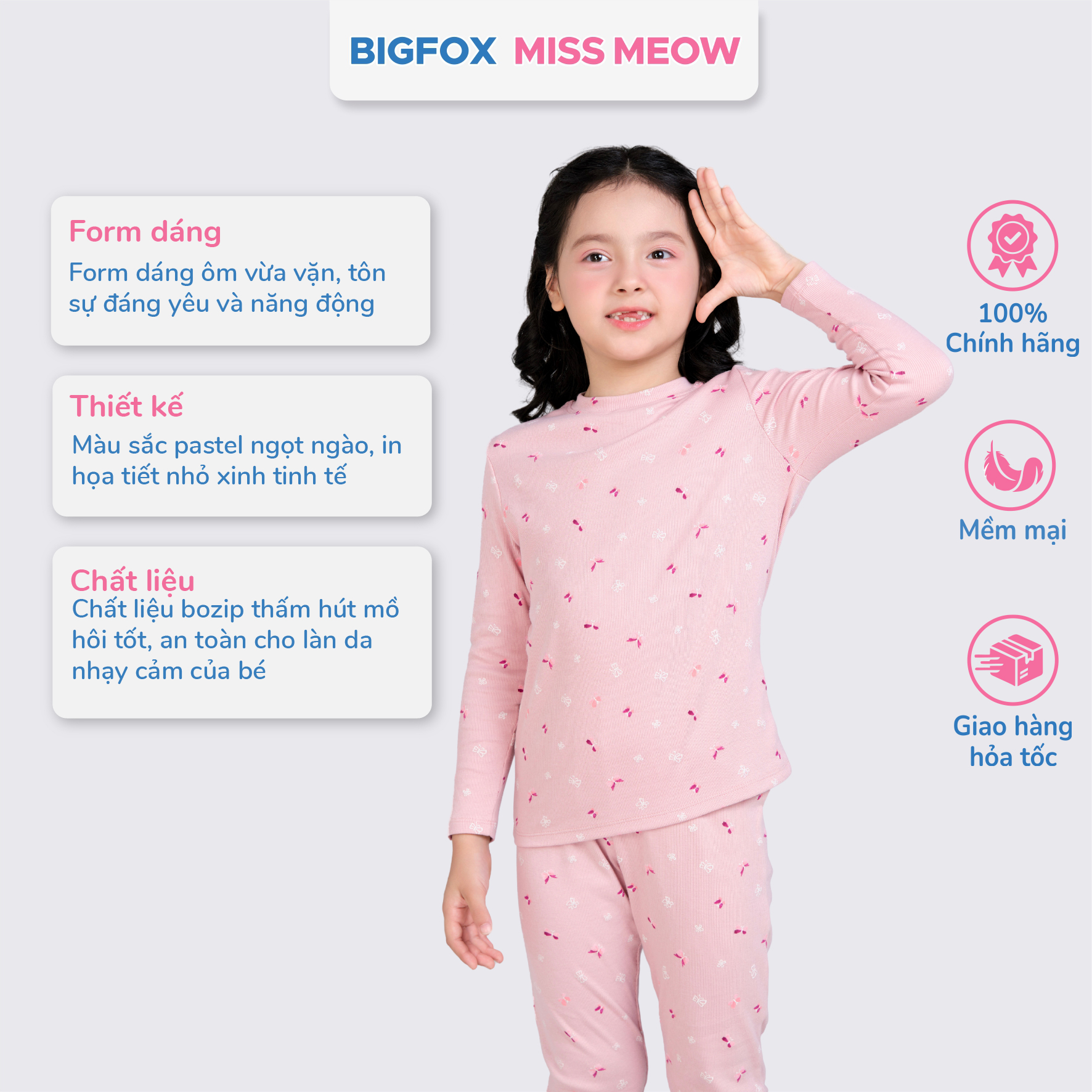 Bộ dài tay cho bé gái Bigfox Miss Meow vải bozip mặc nhà mùa thu đông size đại trẻ em 3-11 tuổi 35kg