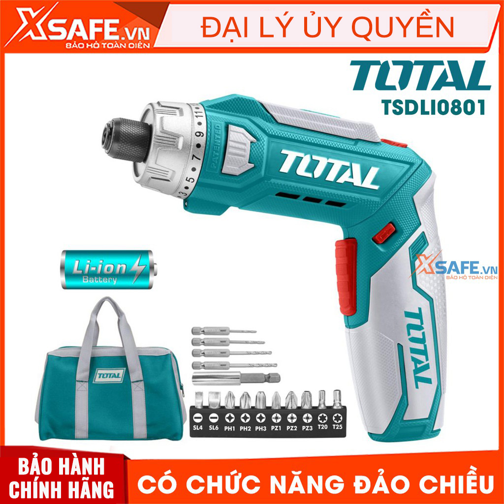 Máy Siết vít dùng pin Lithium 8V TOTAL TSDLI0801 Tặng kèm sạc 2 giờ, 10 mũi vít 25mm, 1 mũi từ và 4 mũi khoan HSS