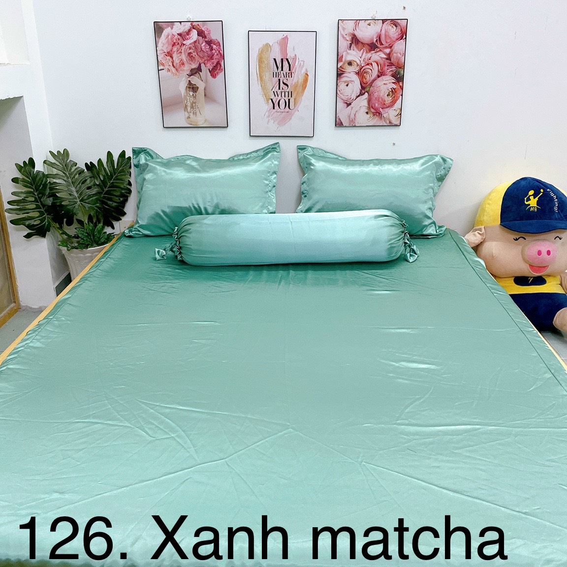 Trọn bộ chăn-vỏ gối-ga phi bóng (chân nệm dưới 15cm) 1m6/1m8 trơn xanh matcha 126. Bộ drap phi bóng 1 màu. Bộ grap phi bóng. Bộ drap phi lụa. Bộ grap phi lụa. Bộ ga phi lụa. Ga giường - drap giường - grap giường - ra giường.