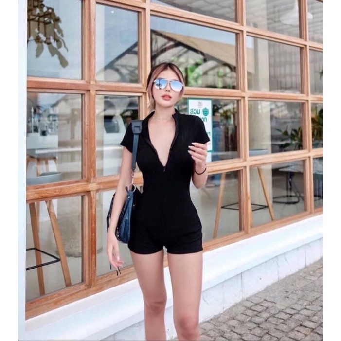 Bikini, Đồ bơi nữ có tay khóa kéo màu ĐEN FORM SHORT sành điệu kín đáo co dãn thoải mái