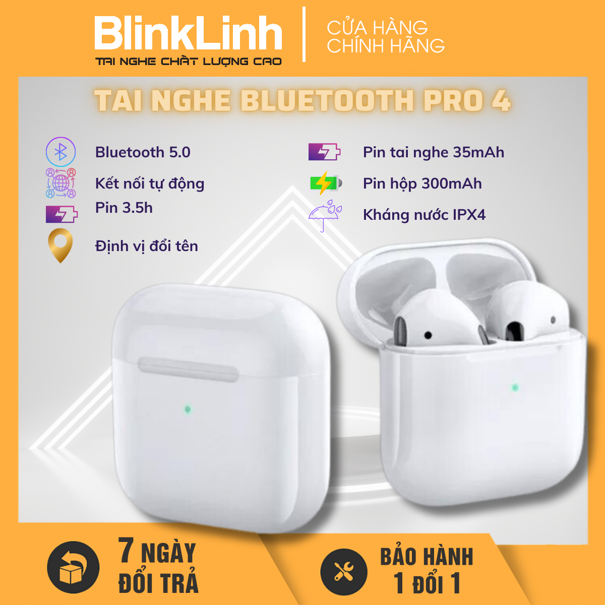 Tai Nghe Bluetooth Pro4 Không Dây chống nước chống ồn, cảm ứng 1 chạm, micro rõ, kết nối nhanh, bắt xa hơn 10m, Định vị, Đổi Tên