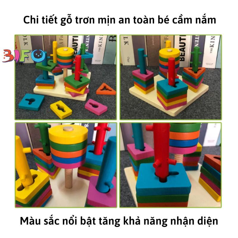 Đồ chơi Montessori luồn cọc thả hình khối 5 trụ đa dạng cho bé luyện kĩ năng tay khéo léo, học hình khối và màu sắc