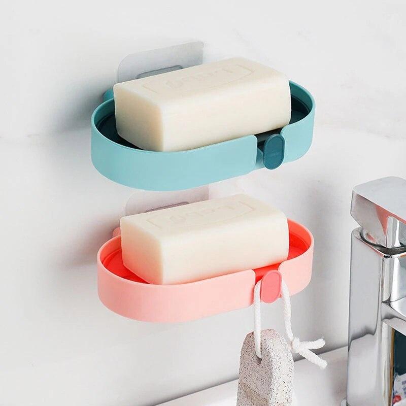 Household Drain Racks Tray Soap Holder Plastic Box Home Accessories Wall Shelf Double Soap Storage Rack Bathroom Storage Hooks
