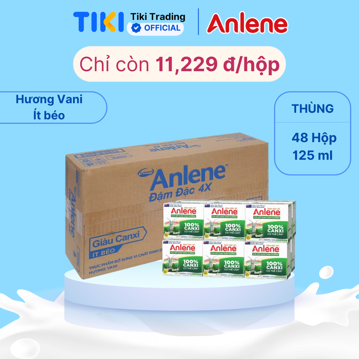 Thùng 48 Hộp Sữa Anlene Đậm Đặc 4X Ít Béo Hương Vani 12 x 4 x 125 ml