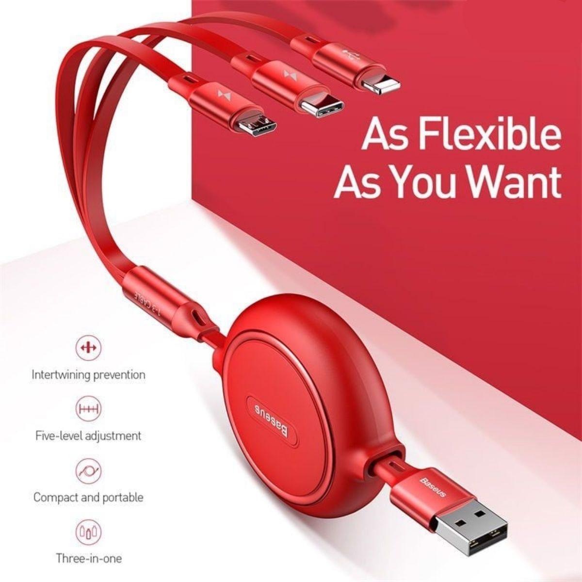 Cáp sạc dây rút 3 đầu Baseus Golden Loop 3 in 1 Elastic Cable CAMLT- hàng chính hãng