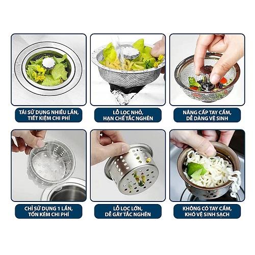 Rọ Lọc Rác Inox 304 Cao Cấp Đậy Bồn Rửa Chén Bát Thoát Nước Nhanh Có Núm Chặn
