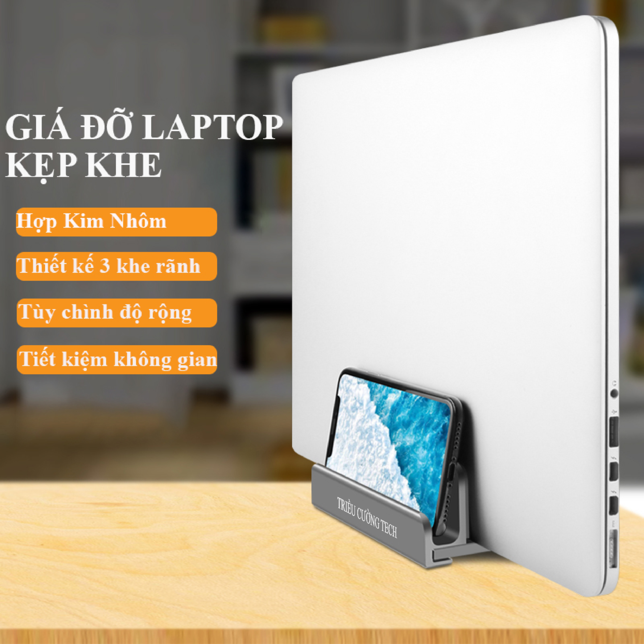 Giá Đỡ Kiêm Đế Kẹp Laptop - Macbook - Ipad - Điện Thoại Dựng Đứng.3 Khe Đa Năng Hợp Kim Nhôm Nguyên Khối Cho Hàng Chính Hãng
