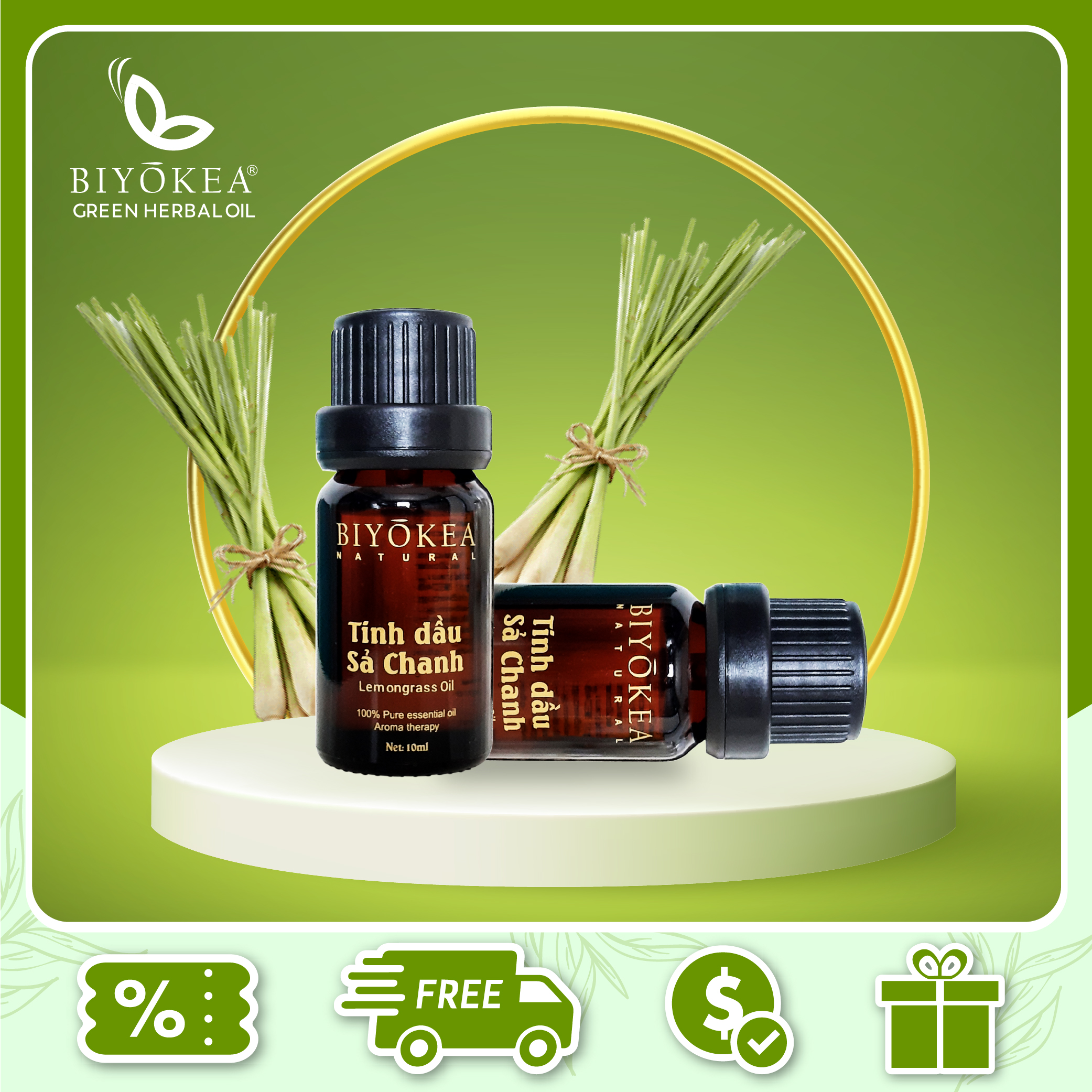 Combo 2 chai tinh dầu Sả chanh thiên nhiên Biyokea xông phòng đuổi muỗi, xông khử mùi dung tích 10ml