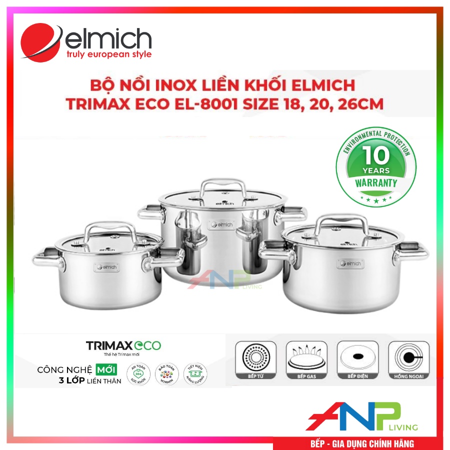 Bộ Nồi INOX 3 Lớp Liền Khối Elmich Trimax ECO EL-8001 (Bộ 3 Nồi Size 18, 20, 26cm) - HÀNG CHÍNH HÃNG