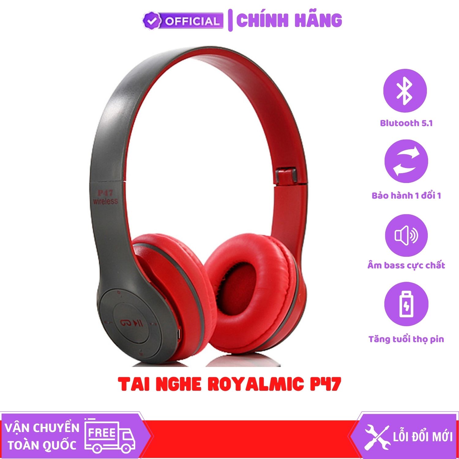 Tai nghe Bluetooth ROYALMIC P47 có khe cắm thẻ nhớ, tai nghe Bluetooth không dây, tai nghe chụp tai, tai nghe có mic - Hàng chính hãng