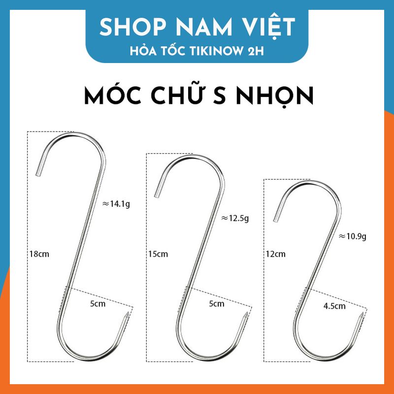 Set 5 Móc Chữ S NHỌN Inox Treo Thịt Cá