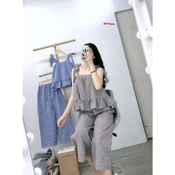 Đồ Bộ Nữ Kẻ Sọc Caro Thắt 2 Nơ Vai Xinh Xắn Thời Trang