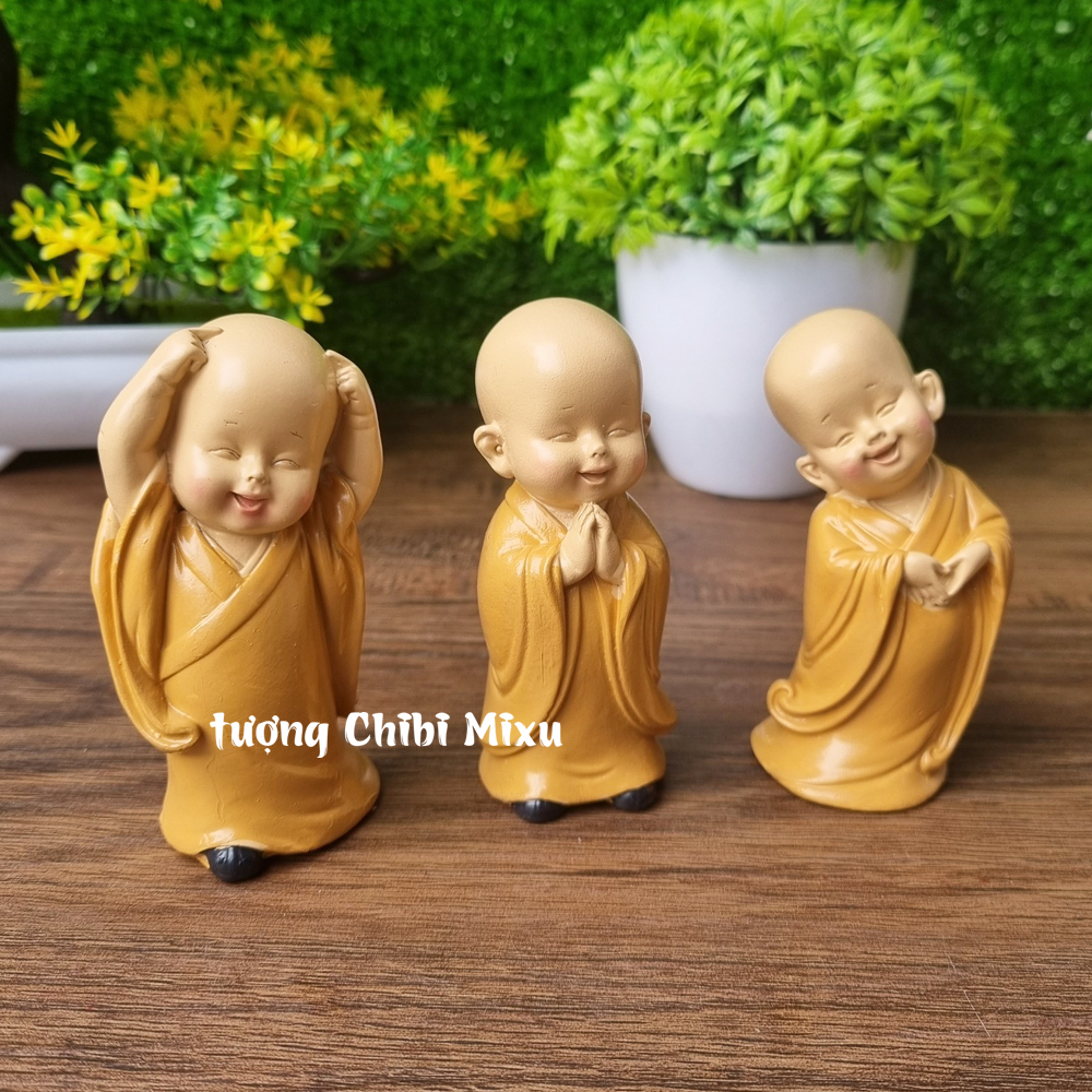 Bộ 03 tượng chú tiểu an nhiên, chú tiểu yêu đời màu áo nâu 8cm