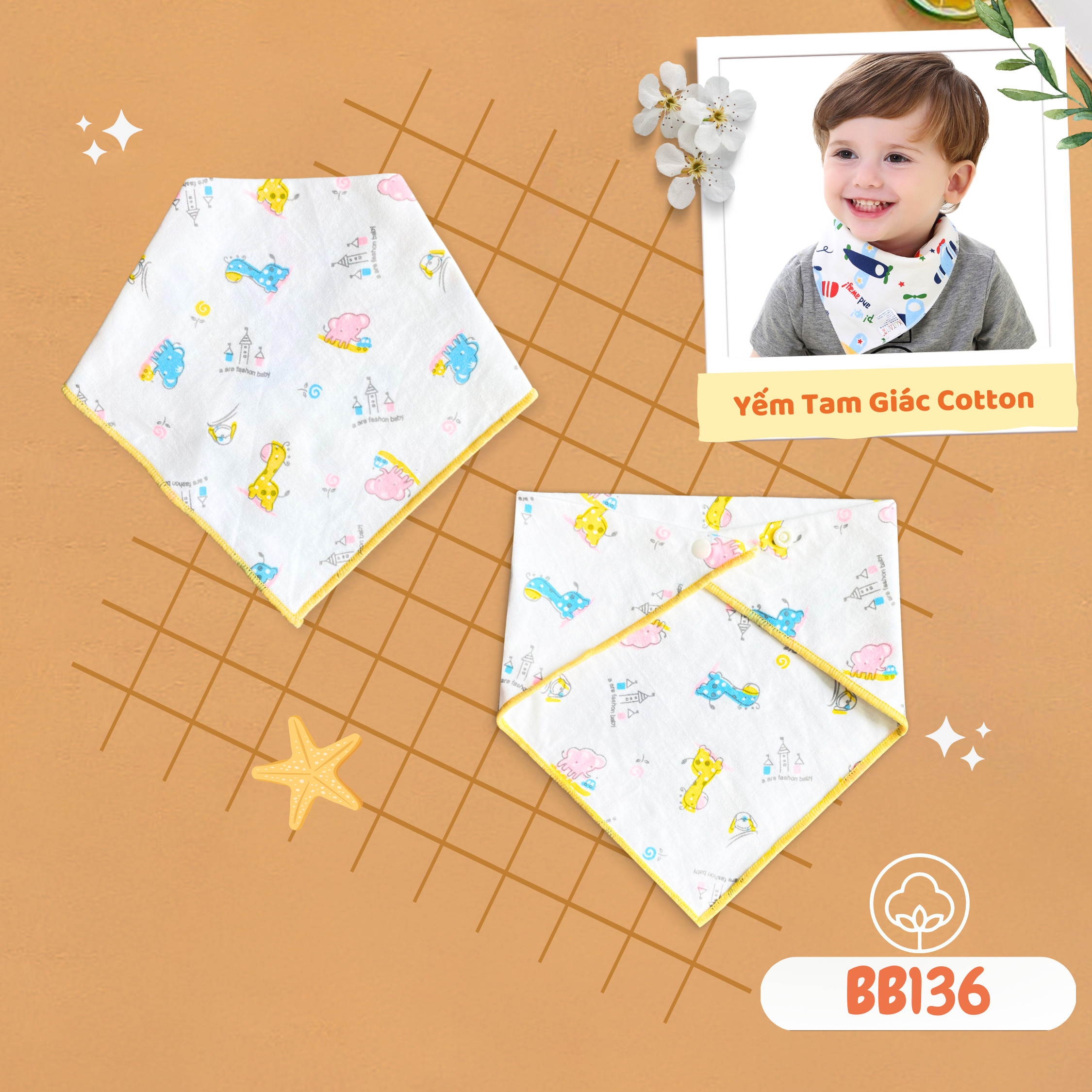 Yếm tam giác cho bé Babiboo khăn yếm cotton 2 lớp, họa tiết đáng yêu- BB136