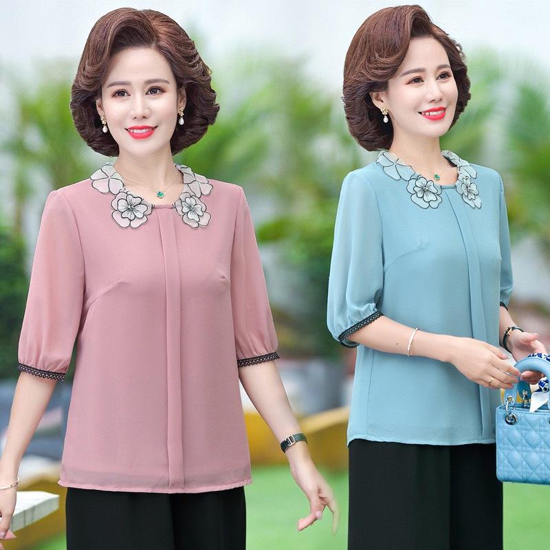 Áo trung niên tay lỡ, áo trung niên tay lỡ cổ hoa, chất liệu voan lụa mềm mại tôn dáng