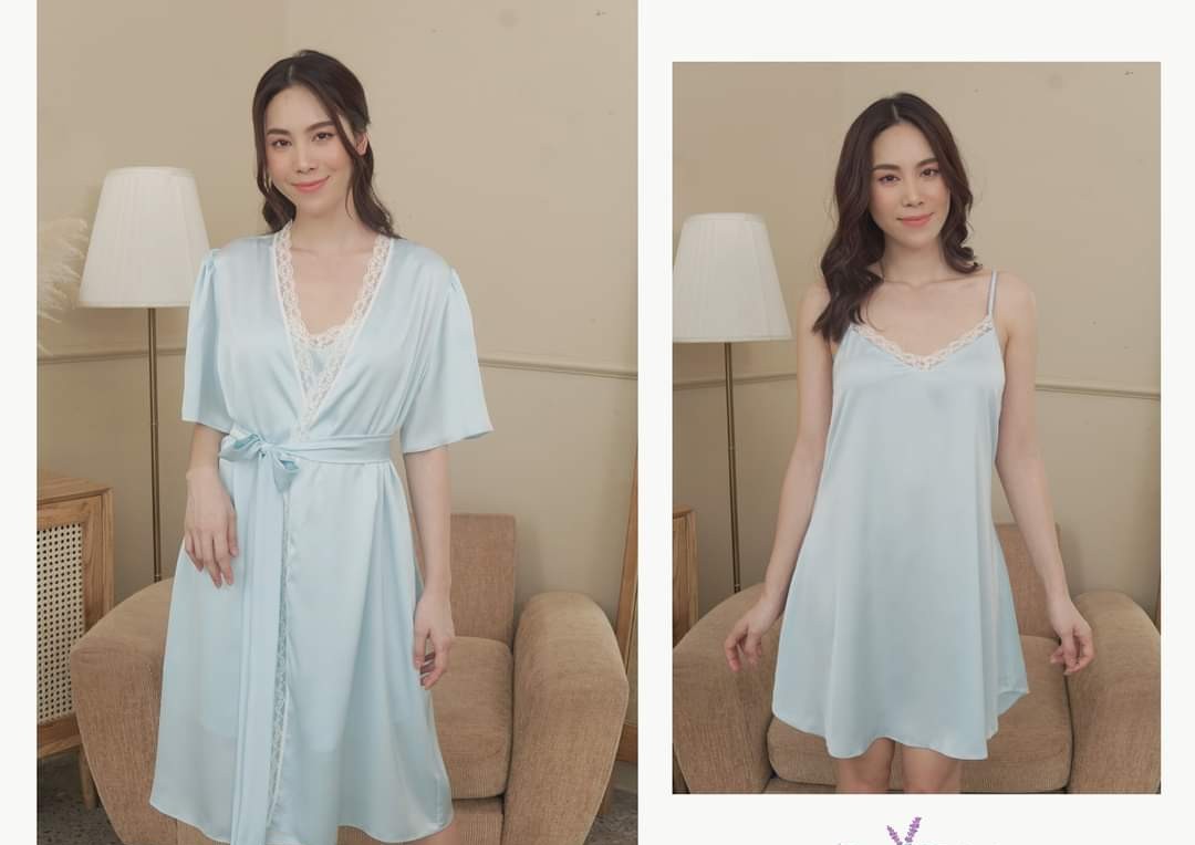 [Hantu Sleepwear]- Áo choàng ngủ lụa dáng dài qua gối phối ren viên sang chảnh mặc nhà,chụp hình cô dâu Freesize dưới 70kg