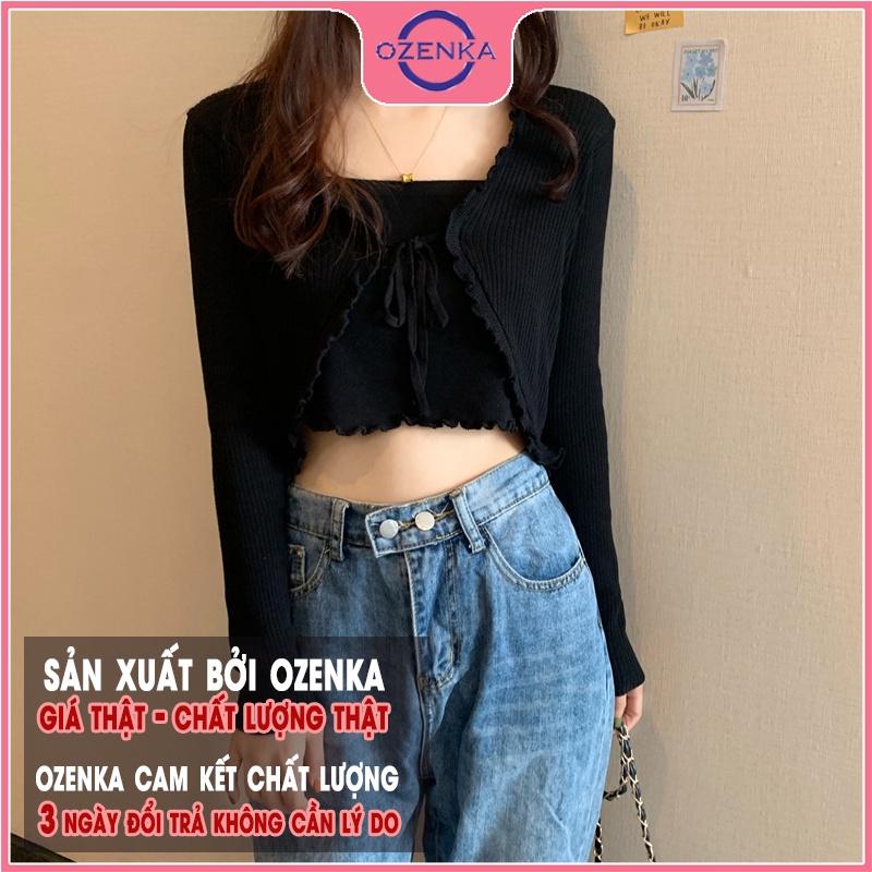 Áo cardigan croptop tay dài nữ OZENKA , áo khoác crt ôm body len gân 100% cotton thân 2 lớp màu đen trắng bánh bèo