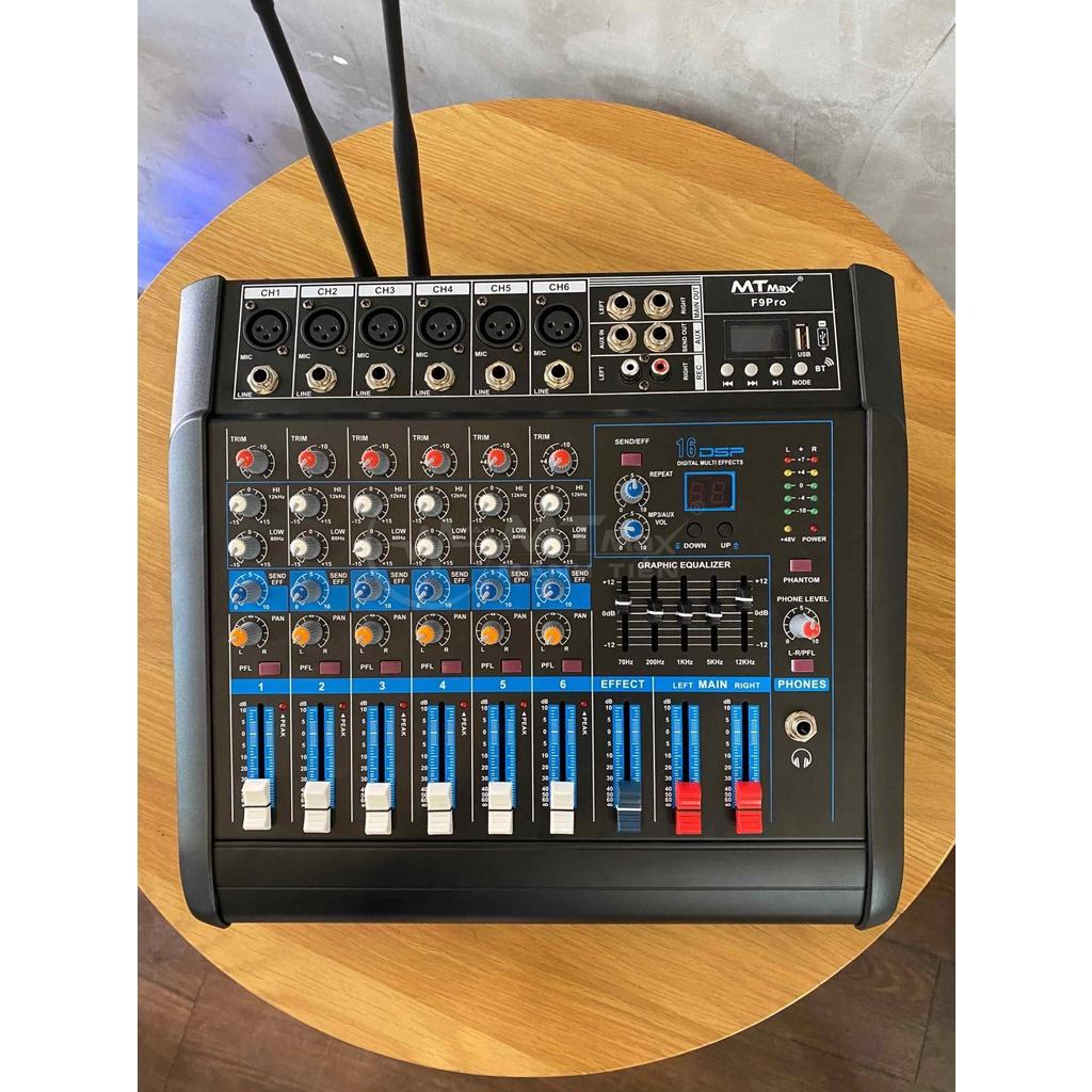 Mixer MT Max F9 Pro liền công xuất chuyên nghiệp tích hợp nhiều chức năng EQ reverv delay echo 16 chế độ tặng kèm 2 mic