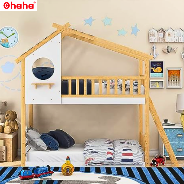 [Kèm Video thực tế &amp; Miễn phí vận chuyển, lắp đặt] Giường tầng trẻ em thông minh cao cấp kiểu ngôi nhà hoạt hình Ohaha - GTCC008