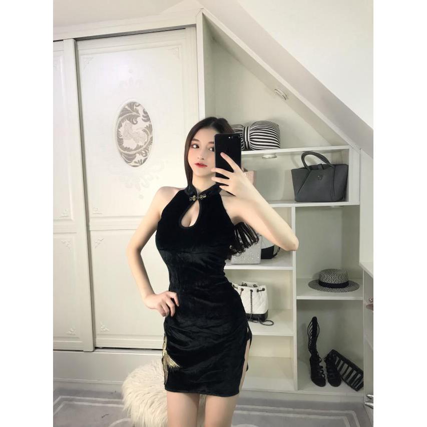 Sườn xám nhung mùa xuân có thêu trang trí