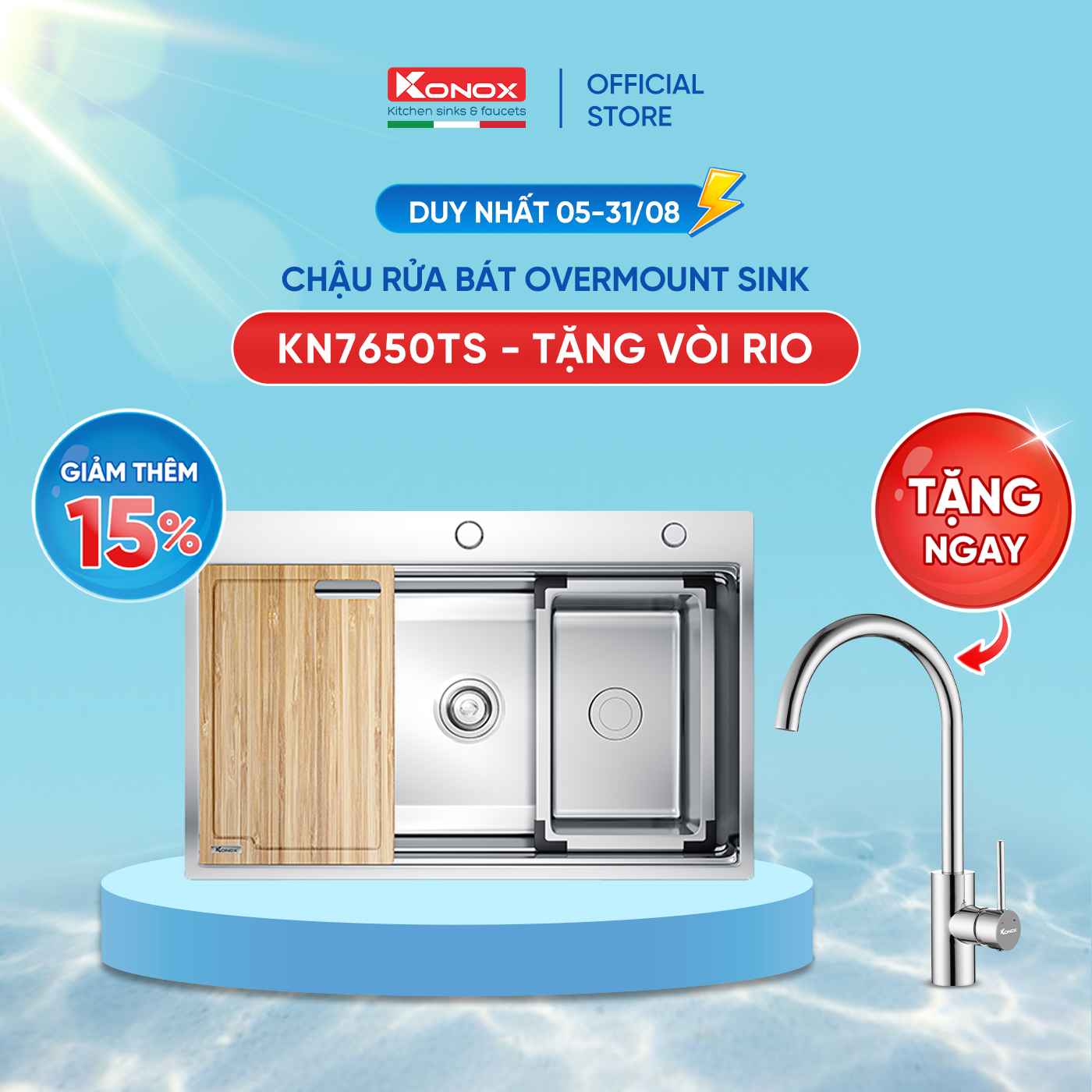 [Combo Siêu ưu đãi] Mua chậu rửa bát Topmount KN7650TS TẶNG vòi rửa bát nóng lạnh RIO