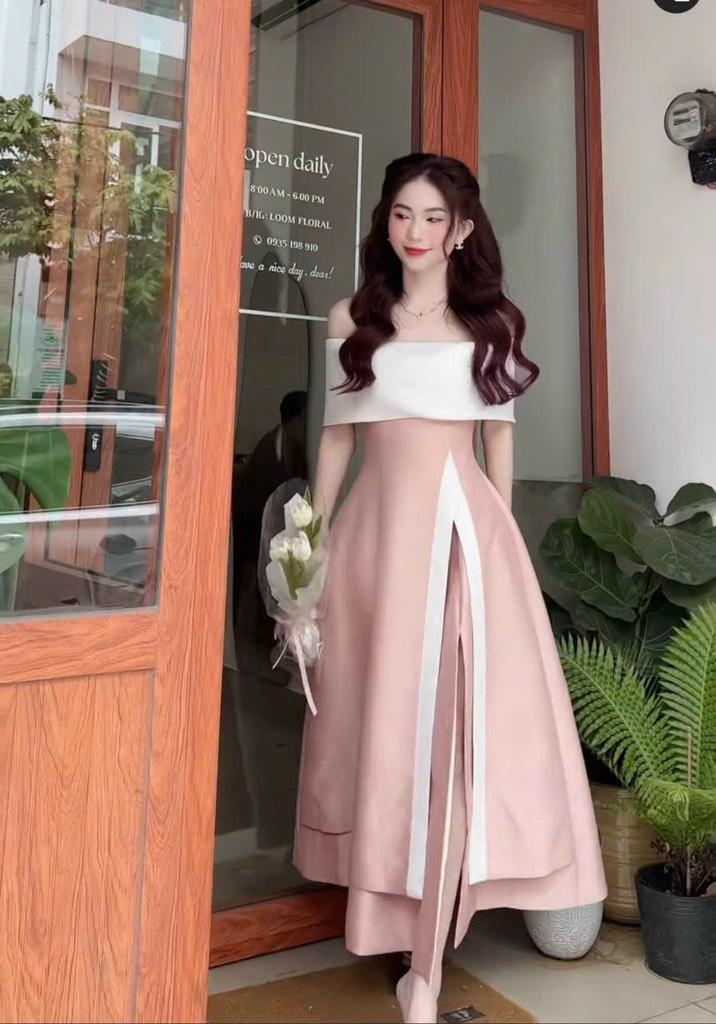 Đầm xòe tapta dự tiệc trễ vai viền trắng