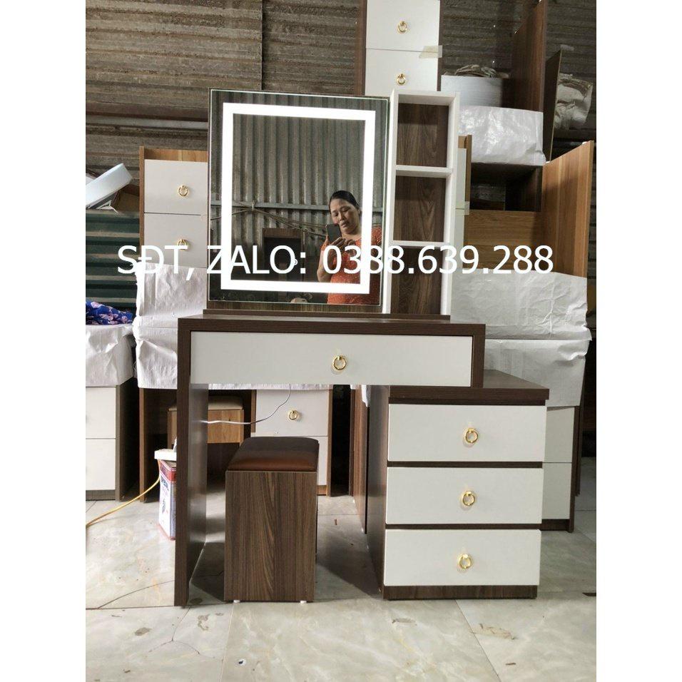 Bàn trang điểm gương có đèn Led cảm ứng, bàn rút, gỗ MDF phủ melamine