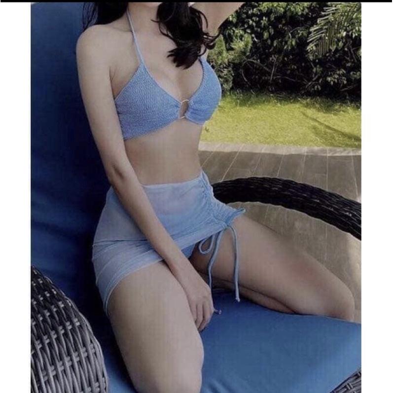 Bikini 3 mảnh kèm chân váy sexy màu xanh biển