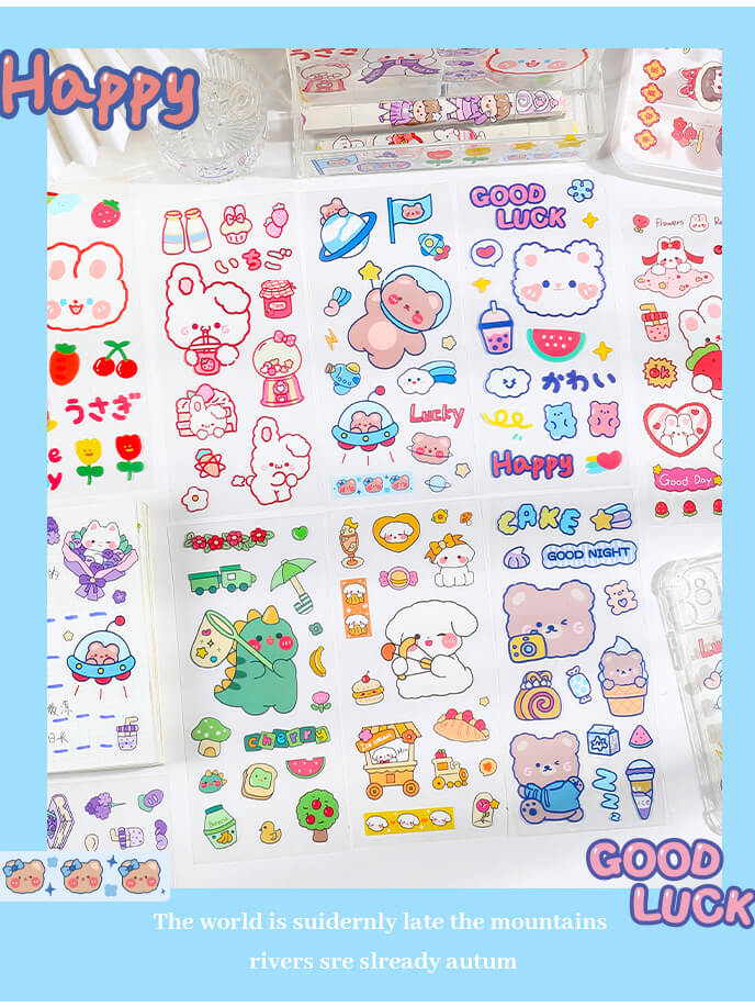 SET 6 Tờ 90 Nhãn Dán Sticker Thỏ Gấu Chuột PET Trong Suốt Cute Không Thấm Nước Trang Trí Dễ Thương - SET 6 Tờ Thỏ &amp; Gấu