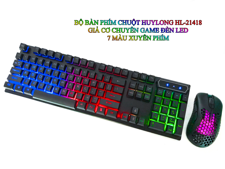 Bộ bàn phím chuột HUYLONG HL-21418 giả cơ chuyên game đèn led 7 màu xuyên phím - Hàng Chính Hãng