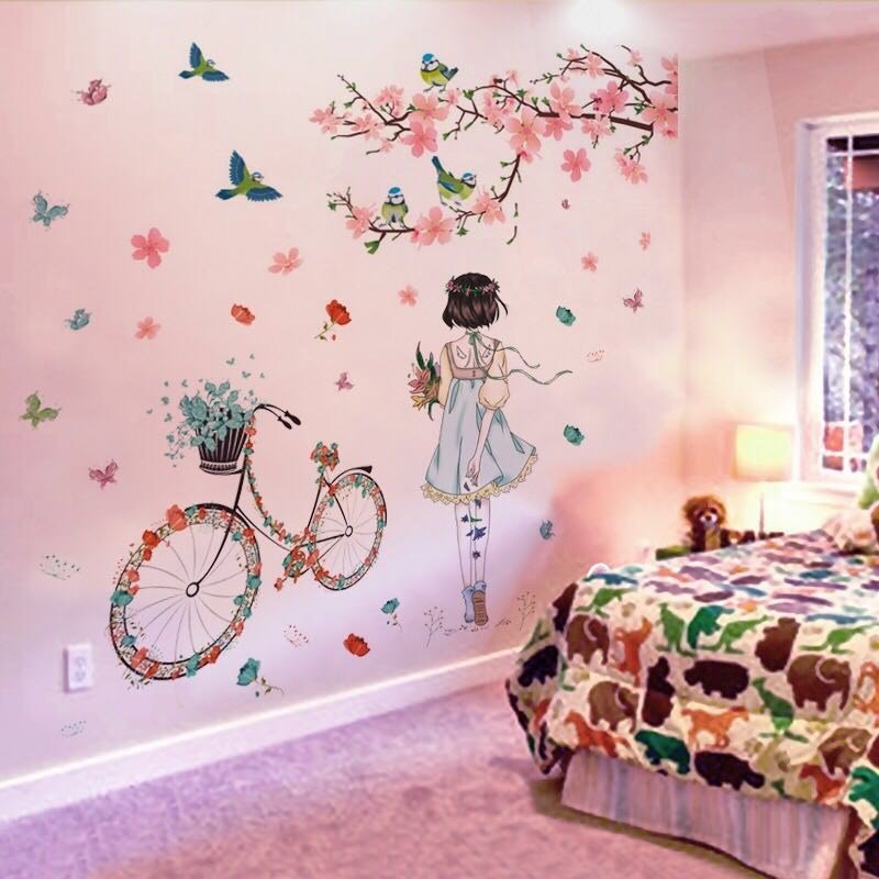 Decal dán tường cô gái dưới hoa đào lãng mạn
