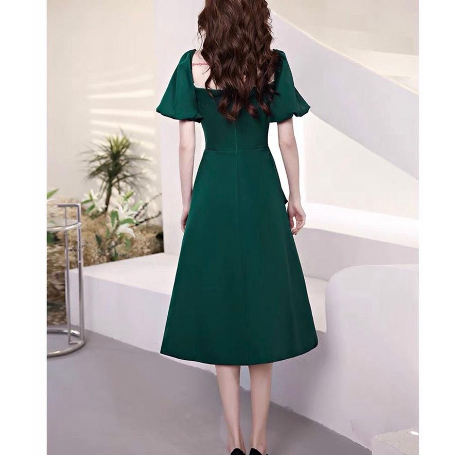 Đầm Xoè Xanh Tay Phồng Cổ Viền Ren