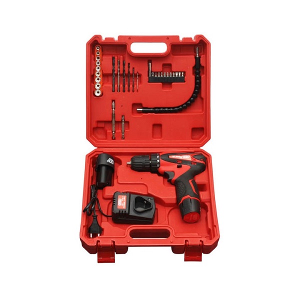 Máy Khoan Pin Oshima KP12SD-K 12V/1.5 AH*2, 1 Bộ Phụ Kiện Mũi Khoan Đầu Túp màu đỏ