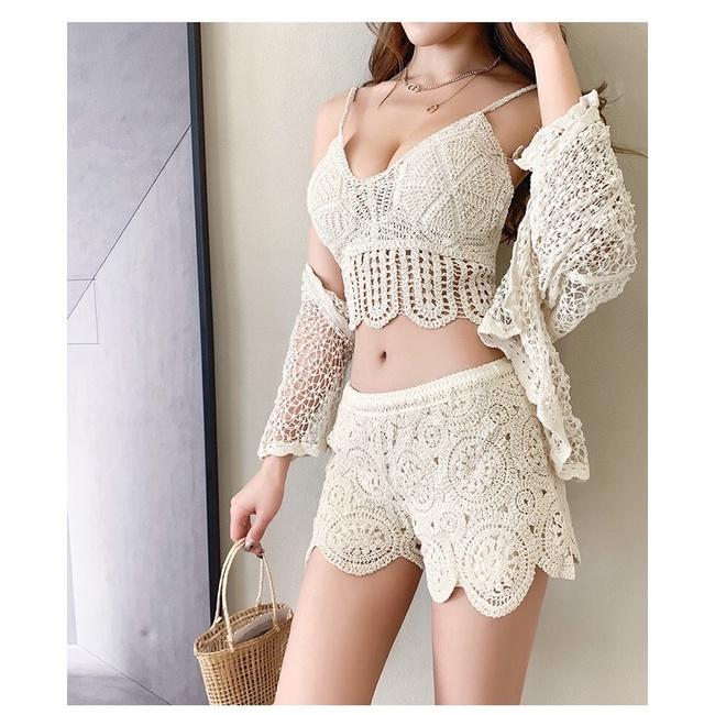 37-Set bikini ren đi biển 3 món gồm áo choàng hạt-áo bra-quần sóc mã mới 2022