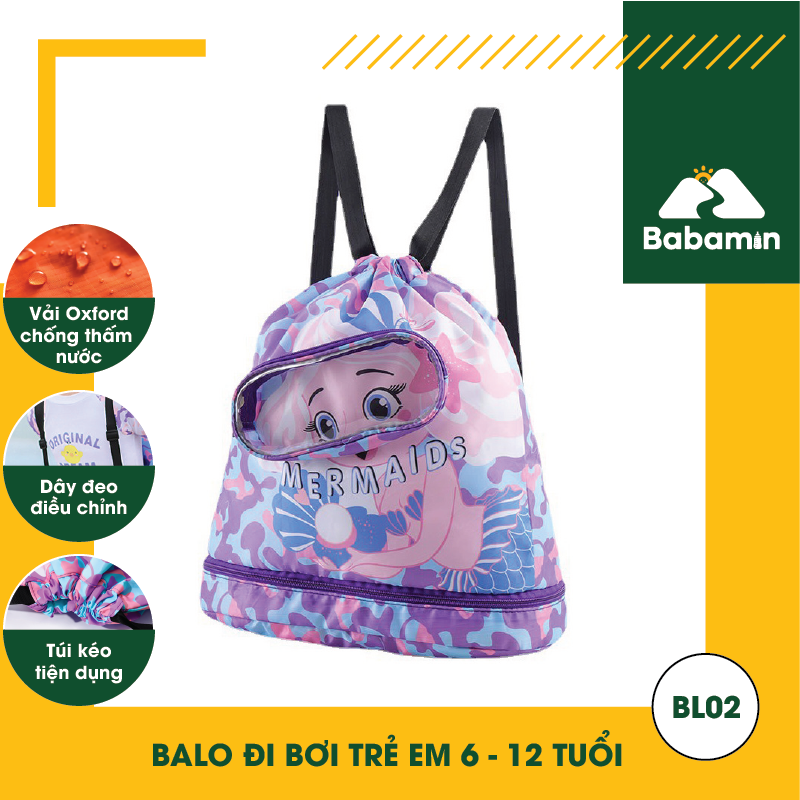 Balo Đi Bơi Trẻ Em 6 - 12 Tuổi Chống Thấm Nước, Babamin - Họa Tiết Hoạt Hình Dễ Thương - BL02